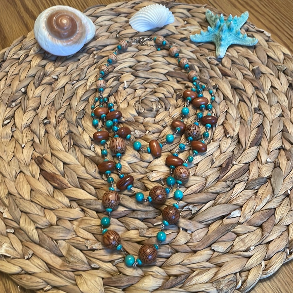 Sterling Silver Turquoise Wood Beaded 3 Strand Necklace